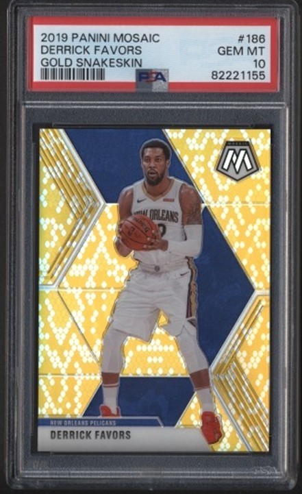 Derrick Favors #7/8 Gold Snakeskin 2019-20 Panini Mosaic #186 PSA 10 GM Pelicans