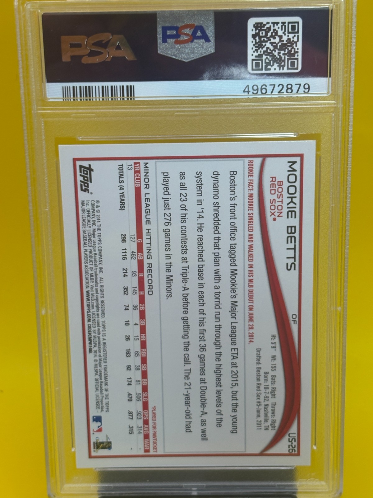 2014 Topps Update Mookie Betts RC Rookie #US-26 Red Sox PSA 10 GEM MINT view 4