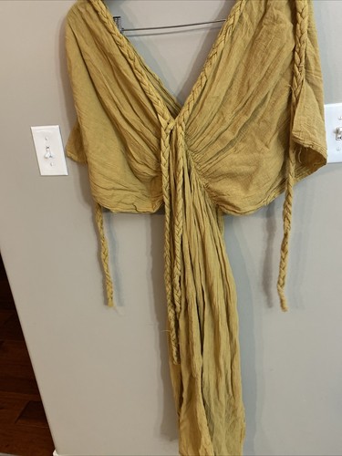 WOMEN Size S-M MUSTARD KAFTAN Yellow 100% Cotton MIDI DRESS - Picture 3 of 4