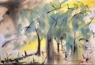 Landscape in Woods Mid 20th Medium Size Watercolor Painting Charlotte Hoffman