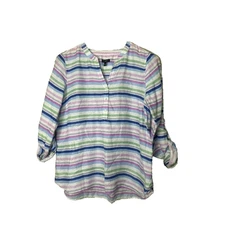 Talbots Top Womens Medium Petite Striped Linen Blend Beachy Popover Coastal