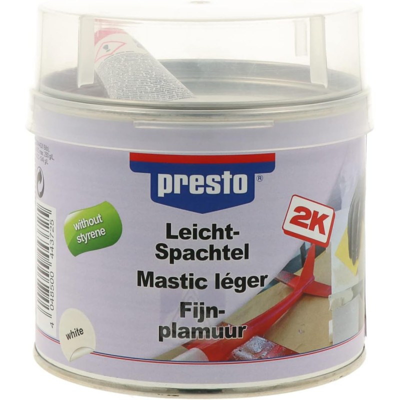 Mastic sans styrène presto léger pour réparation carrosserie plastique et bois