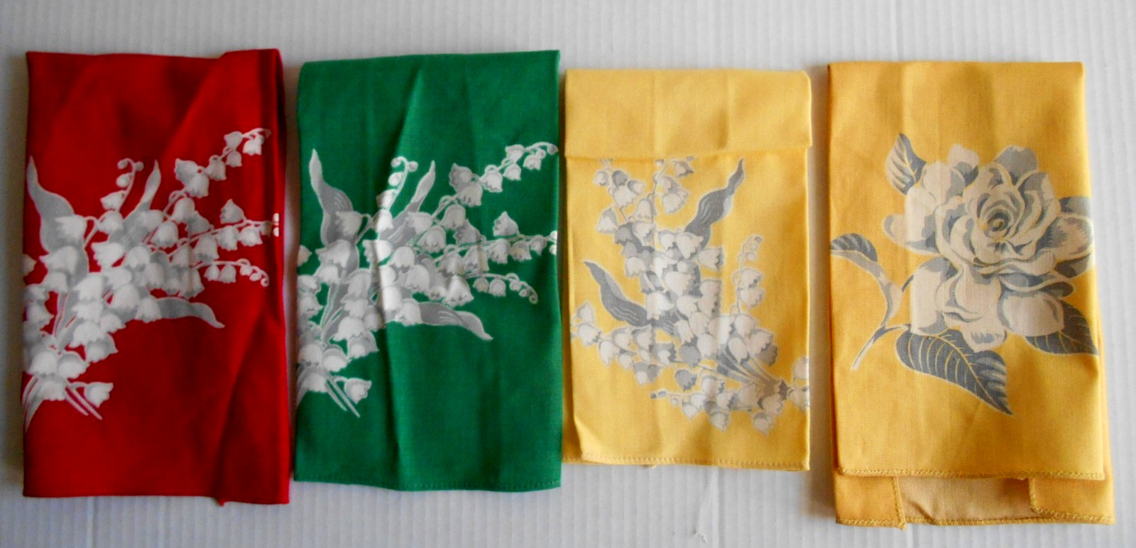 4 VTG 1950's MCM Kitchen Hand Print Tea Towels Printed LILY OF THE VALLEY & ROSE