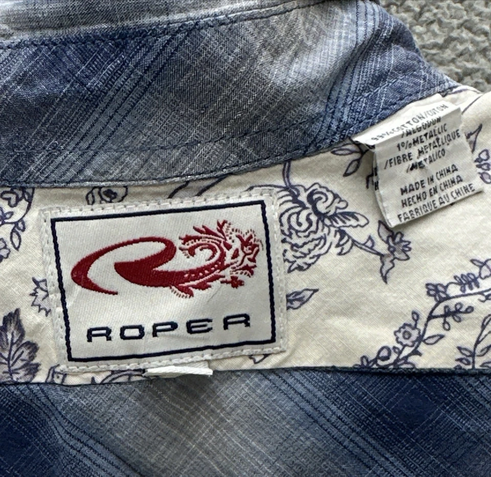 Camisa Roper para mujer L Western blusa a cuadros azul botón a presión manga larga Foto 2 de 4