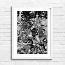 Justice League Heroes Squad Action Black & White Framed Wall Art Print Large