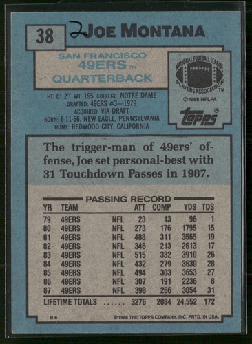 Joe Montana 1988 Topps #38 San Francisco 49ers 2 - Bild 2 von 2