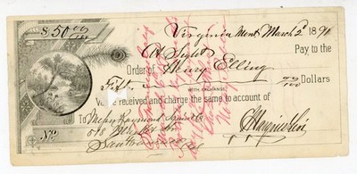 1891 Virginia Montana Bank Draft Check Signed Henry Elling $50 San Francisco