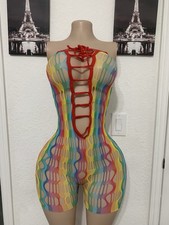 Stripper Outfit Exotic Dance wear Rainbow Fishnet Lingerie Romper