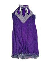 VTG Royal Purple Heavily Beaded Flapper Fringe Lined High Neck Dress Sz XL READ