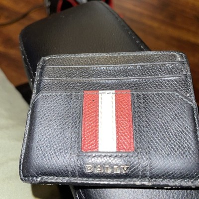 Bally Men's Lettering Business Black Card Holder Wallet Striped Pattern Logo Acc