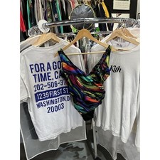 Vintage 90s Longitude Rainbow Colored Deep V High Cut Leg Brazilian Swimsuit 8