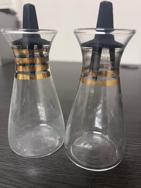 Set of 2 Clear Glass Cruet Bottles Gold Stripes Black Lids Striped Glossy