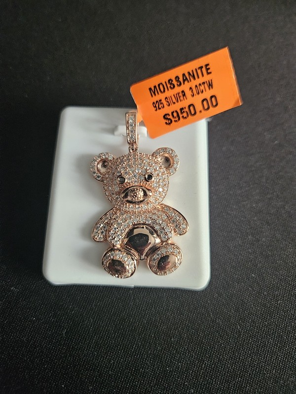 Iced Out Teddy Bear Pendant 3ctw Moissanite Rose Gold Finish Solid 925 Silver