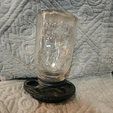 Vintage Ball Mason Glass Jar Chicken Feeder Metal Base H 8.5  Bottom W 5.5  
