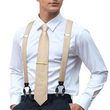 Men's Suspenders and Tie Set Silk Adjustable Elastic Y Braces with Champagne