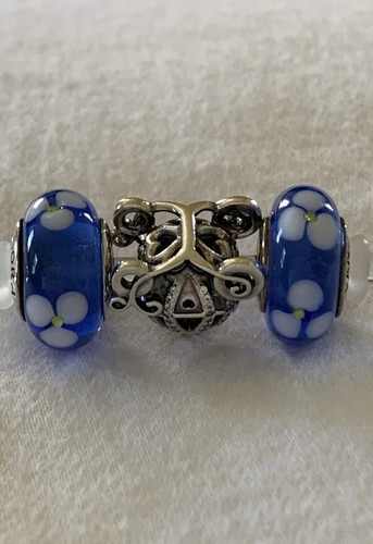 Pandora Sterling Silver Cinderella Coach & 2 Blue Flower Murano Glass beads ALE - Picture 7 of 11