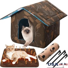 Outdoor Cat House W/ Self Warming Mat Blanket Portable Pet Shelter Weatherproof