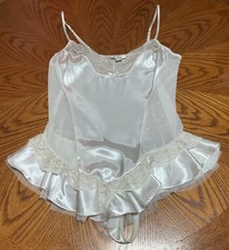 Flora Ivory Sheered Mesh Laced Satin Ruffled Teddy Bodysuit Thong Women’s Size L