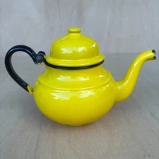 Vintage Enamel Teapot or Kettle Yellow Huta Silesia Made in Poland Kitchen Retro