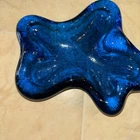 Blenko Glass Handmade Blue Asymmetrical Amobe Bowl Dish Ashtray MCM