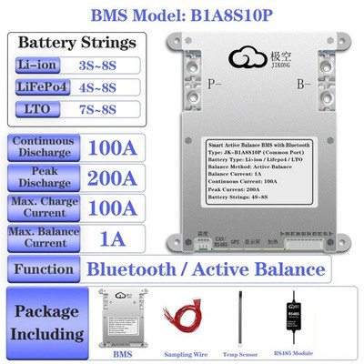JK Smart BMS 4S-8S 100A Li-ion LiFePo4 Battery w/1A Active Balance Bluetooth AUK