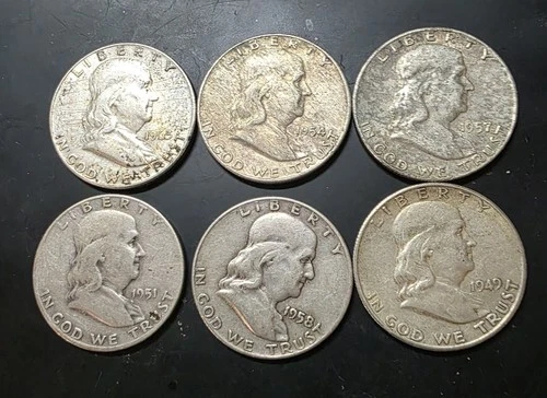 6 Ben Franklin Half Dollar 90% Silver Coins 1948 thru 1963 BELOW SPOT BUY IT NOW