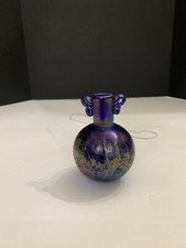 Robert Coleman Iridescent Blue Art Glass Double Handle Hanging Vase Marked RC