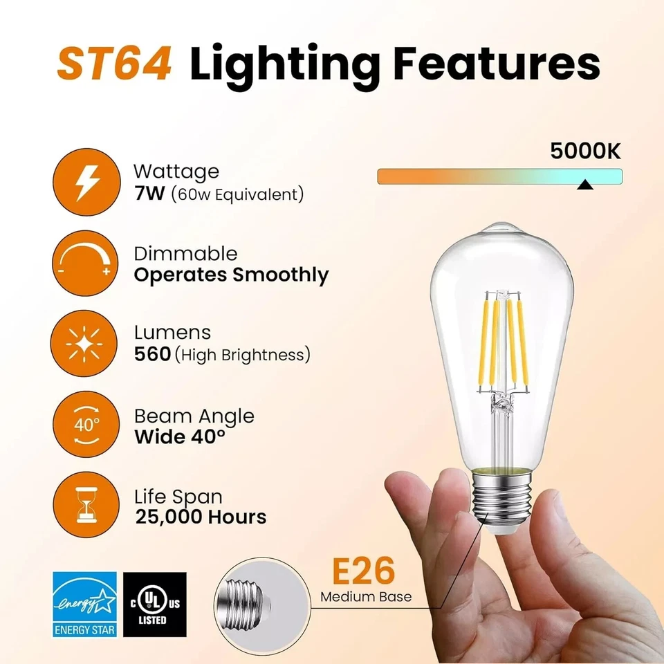 Strak ST64 LED Light Bulbs, 5000K Daylight Light, 6.5W 700LM, E26 Base, (6-Pack) - Image 4 of 4