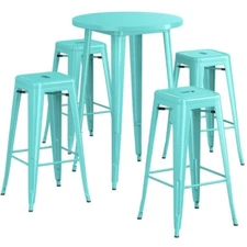 30" Round Seafoam Metal Restaurant Bar Table Set with 4 Backless Barstools Chair