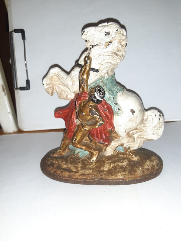  VINTAGE ANTIQUE Cast Iron Doorstop VERY RARE Greek Or Roman Guy with Horse RARE