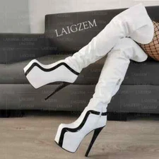 Women Over Knee Boots Platform Side Zipper Thin High Heels Patchwork Boots Shoes