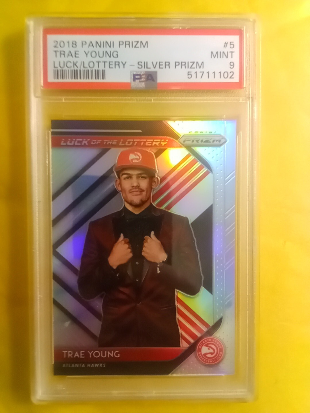 2018 Panini Prizm SILVER PRIZM Trae Young #5 Luck of the Lottery RC MINT PSA 9