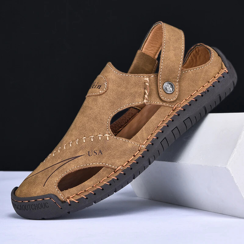 Sandalias de verano hechas a mano para hombre Zapatos huecos de cuero al aire libre Calzado de playa antideslizante