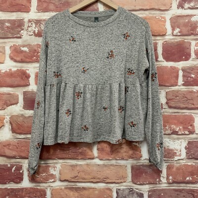 Francescas Alya Top Womens XS Gray Orange Shirt Floral Embroidered Knit Blouse