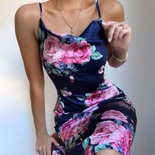 Women Sexy Silk Mini Dress Summer Casual Floral Flower Print Cocktail Party Club