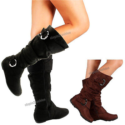 Womens Boots Knee High Faux Suede Flat Boot Fashion Slouch Stylish ...