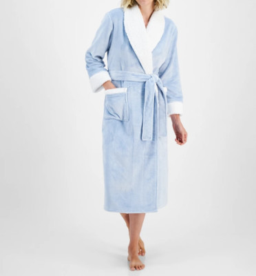 New Charter Club Women's Long Plush Fleece Trim Robe  Dolphin  Blue XL/XXL
