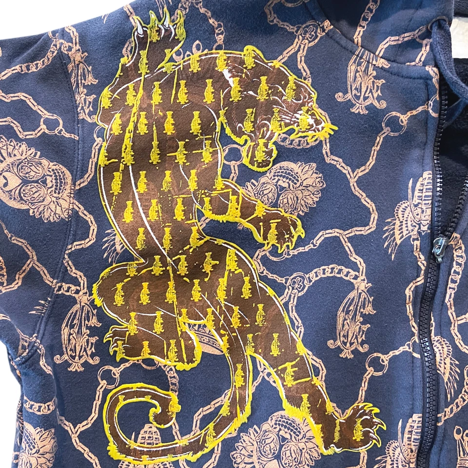 Sudadera con capucha Christian Audigier cremallera completa para hombre talla L (LEER) corona de leopardo azul dorado Foto 3 de 4