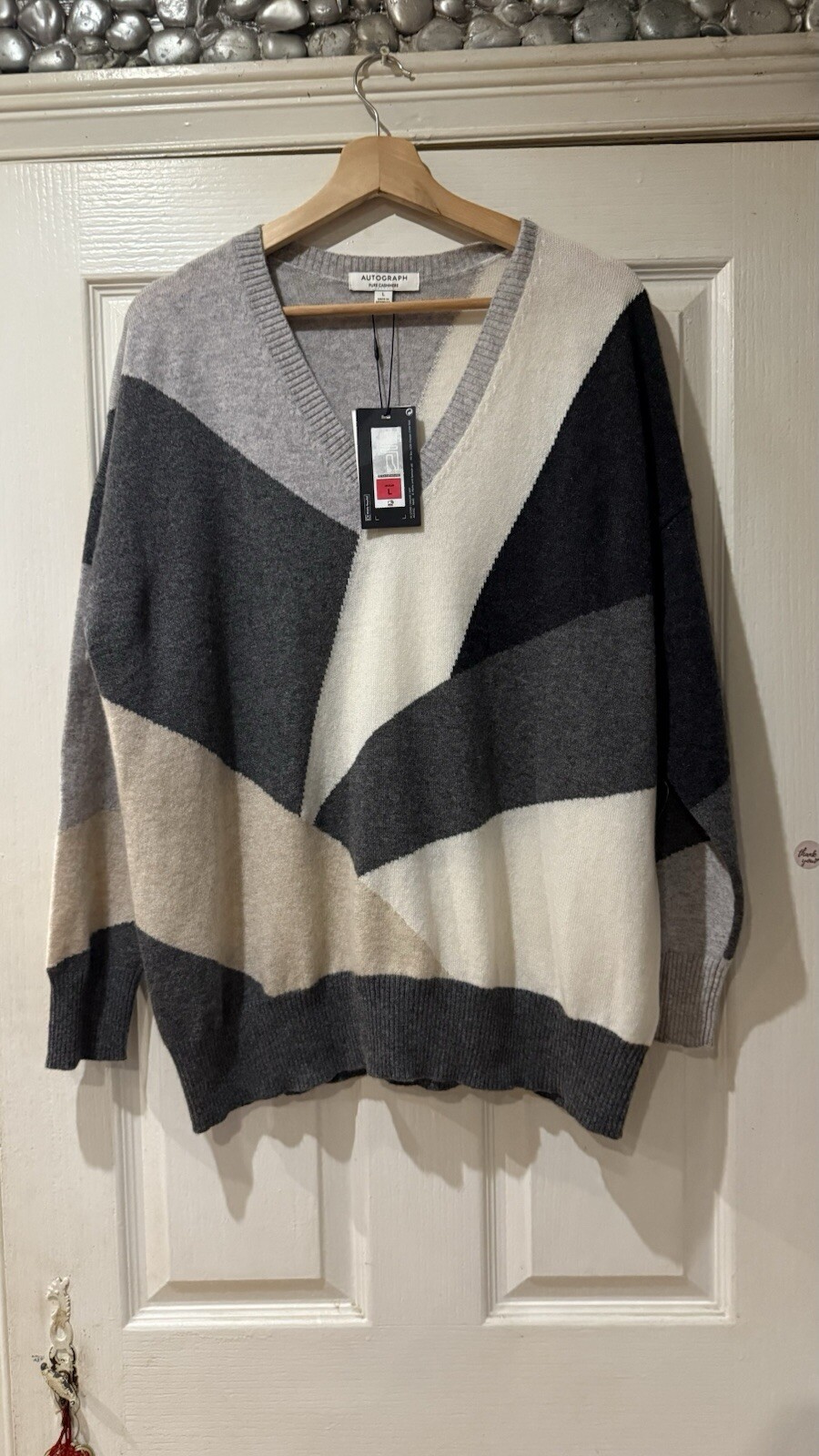 M&S AUTOGRAPH GREY MIX PURE CASHMERE V-NECK COLOUR BLOCK JUMPER  L 16/18 New
