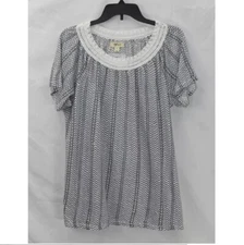 Style & Co Women XL Blue White Lines Crochet Scoop Neckline T Shirt Top NWT CN64