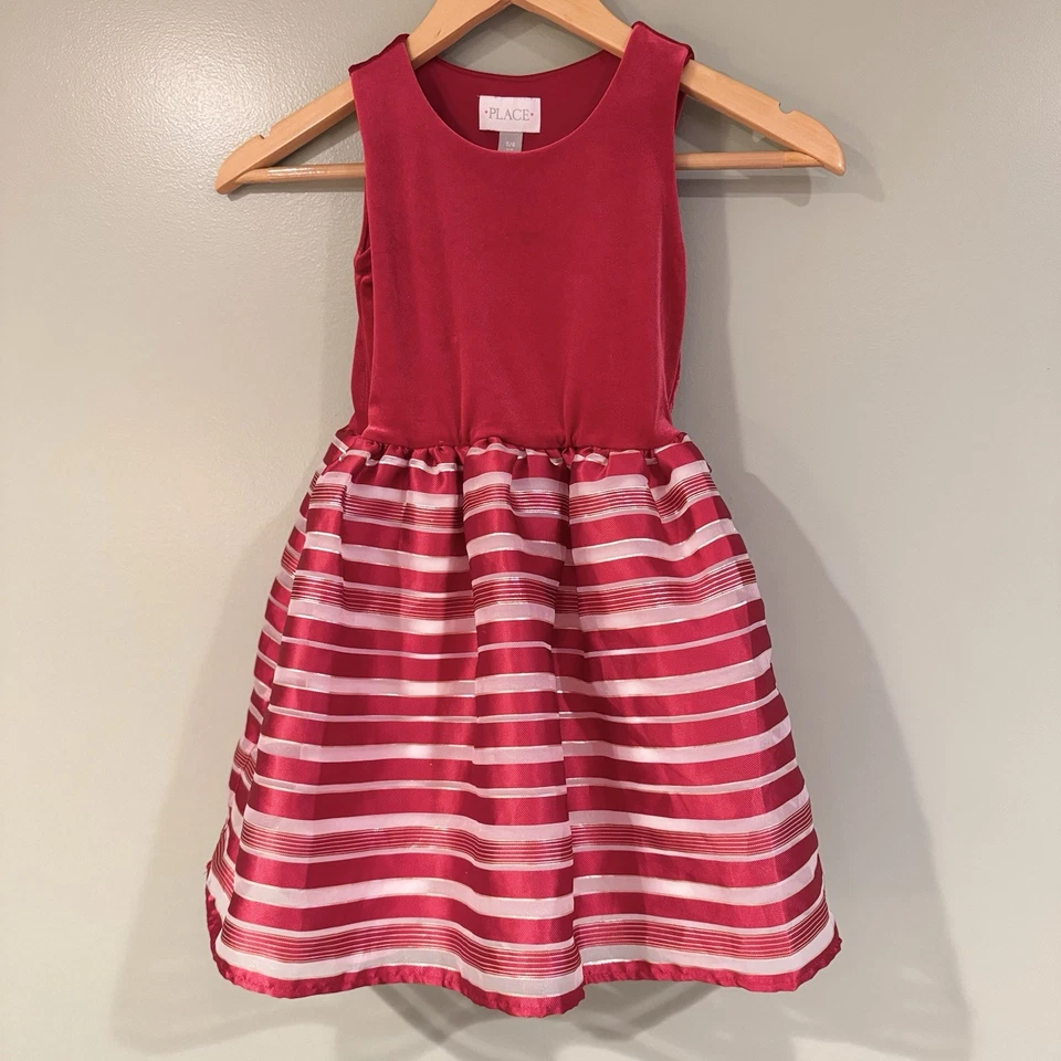Vestido Tutú de Vacaciones a Rayas Terciopelo Rojo Lugar para Niños S 5-6 Brillante Navidad EC Foto 3 de 4