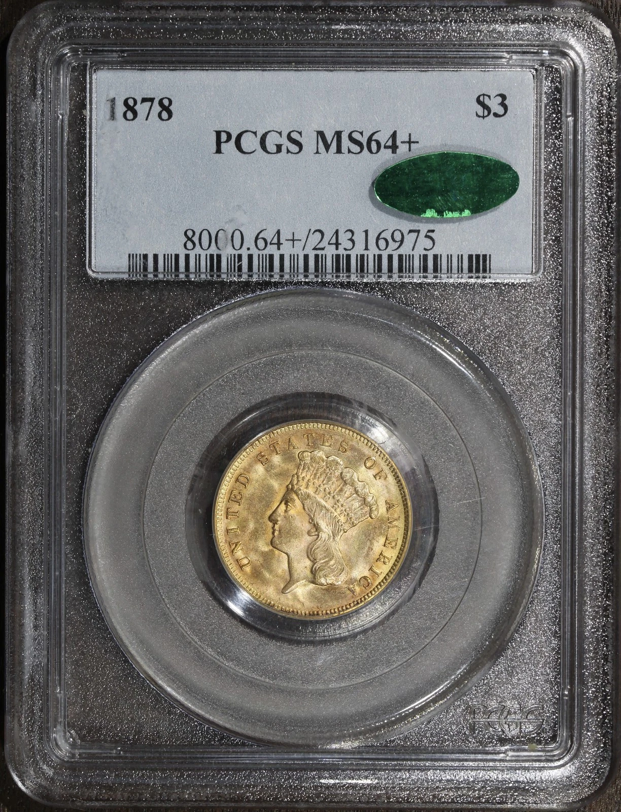 1878 (MS64+ CAC) Indian Princess Three Dollar Gold Piece $3 PCGS - PLUS