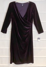 Chaps Plum Purple V Neck LS Stretch Polyester Velour 3/4 Sleeve Dress Sz 10 NWTS