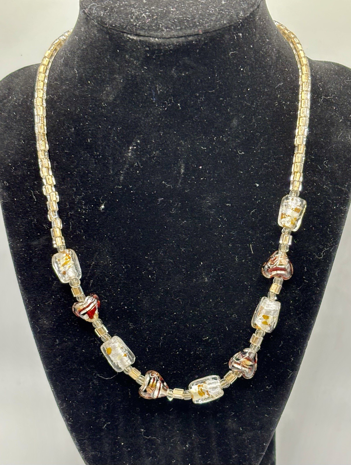 Art Glass Bead Necklace Murano Style 19” clear/beige