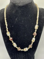 Art Glass Bead Necklace Murano Style 19” clear/beige