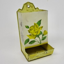 Vintage tin metal match holder safe box wall mount yellow roses floral 1950s