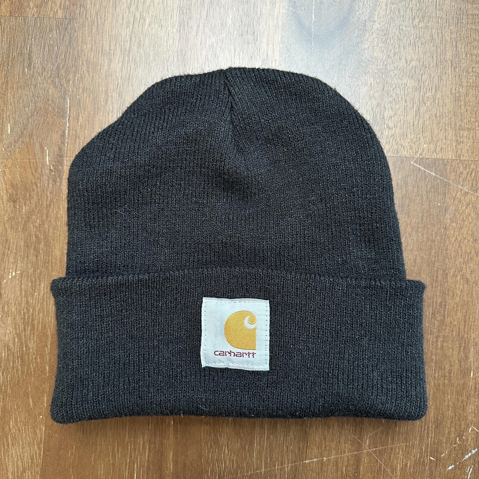 Carhartt Hat Beanie Fitted Mens One Size Black Knit Cuffed Logo Winter Workwear