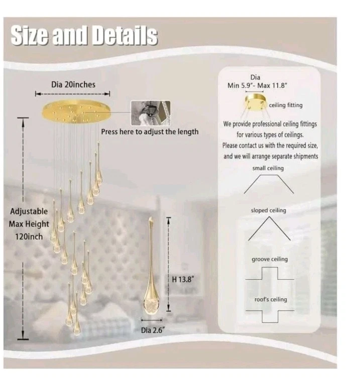 Arañas de cristal espiral de 120"" de largo Ykolupty 16 luces gota de lluvia burbuja dorada. Foto 3 de 4