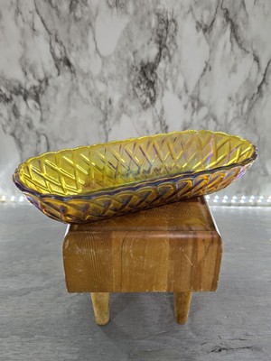1970's Marigold Iridescent Carnival Glass Bread Dish with Pretzel Pattern