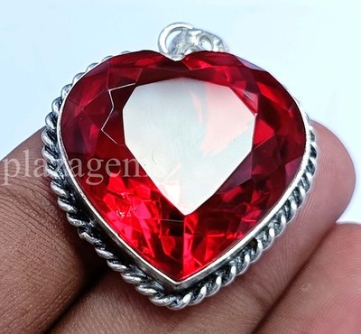 Huge 93.45 Ct Natural Red Ruby Pendant | Heart Cut Gem 925 Silver Necklace 5ARY